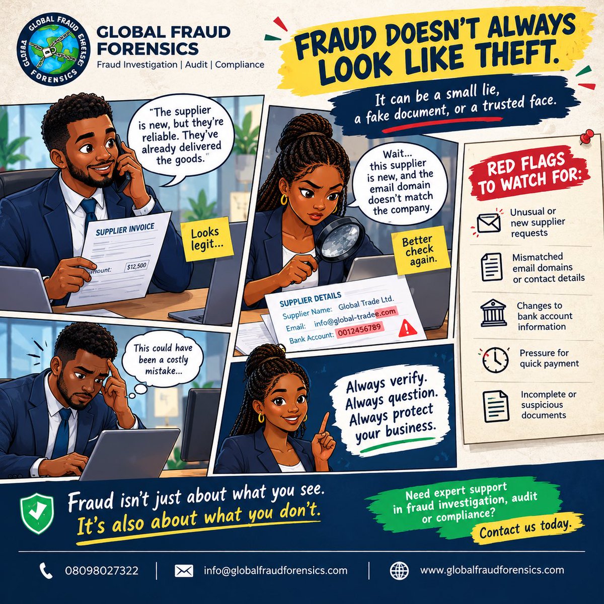 FraudXposeNG's tweet photo. Fraud doesn’t always look like theft. Sometimes, it looks like a genuine invoice, a trusted supplier, or a small detail nobody checks.

Always verify. Always question. Protect your business.

Need expert fraud investigation, audit or compliance support? Contact us today.

#fraud https://t.co/aly7irIqmw