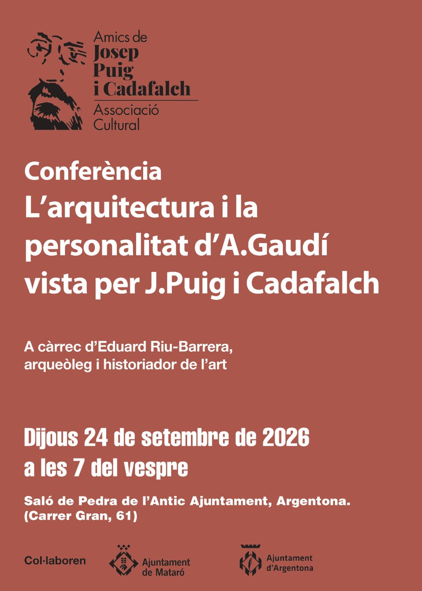 aadipa_coac's tweet photo. @FundacioMies @Coac_CC @dopladebages @jm_buru ➖ El 24 de setembre, a Argentona, l'arqueòleg i historiador Eduard Riu-Barrera impartirà la conferència "L'arquitectura i la personalitat d'A. Gaudí vista per J. Puig i Cadafalch", promoguda per l'Associació Cultural Amics de Josep Puig i Cadafalch. https://t.co/QDMGRI6rZx