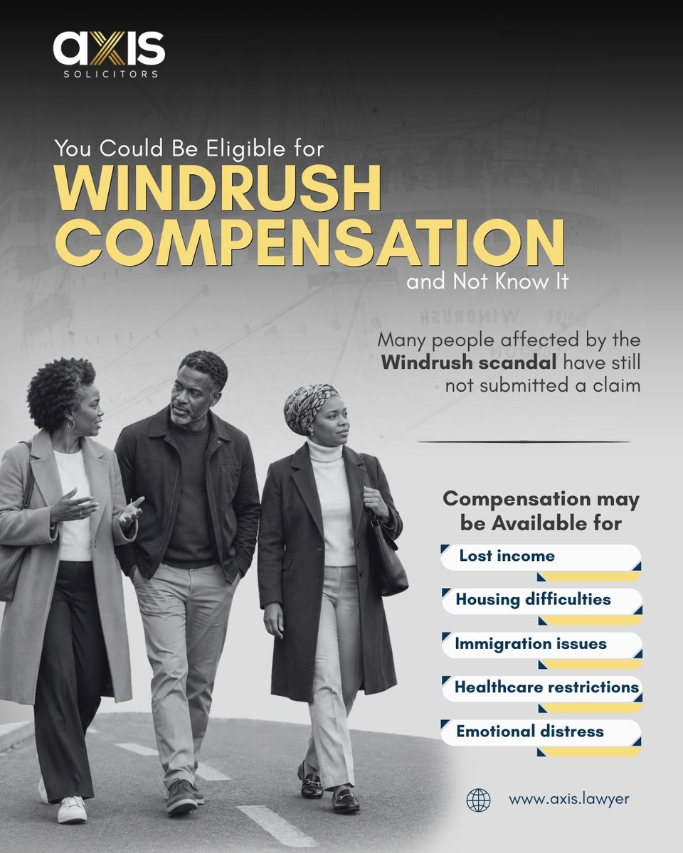 AxisSolicitors's tweet photo. You could be eligible for Windrush compensation and not know it.
Employment. Housing. Healthcare. Immigration action. Impact on everyday life.
These are among the losses and impacts that may fall within the Windrush Compensation Scheme.
#Windrush #WindrushCompensation https://t.co/qdvHy6vdV2