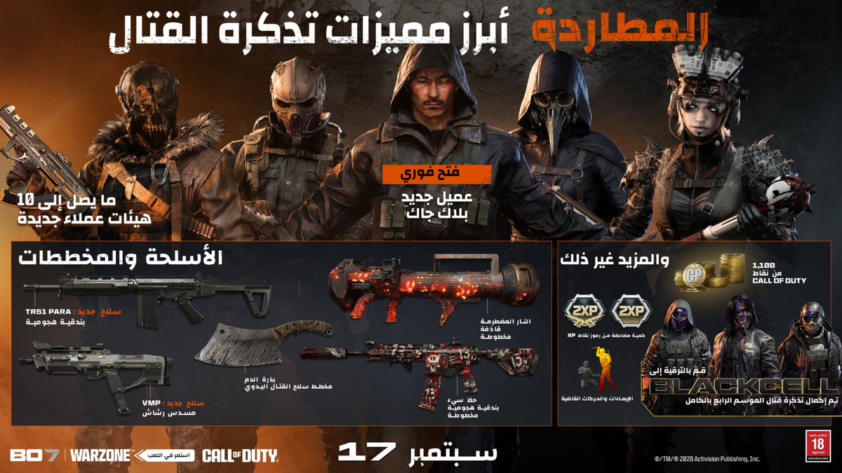 CallofDutyARA's tweet photo. اضمن مكافآت الموسم 06 🎃

يتصدر "بلاك جاك" تذكرة قتال "المطاردة" بهيئات عملاء وأسلحة ومخطوطات جديدة، والمزيد 👊🏻 https://t.co/4DhJbIm3Hm