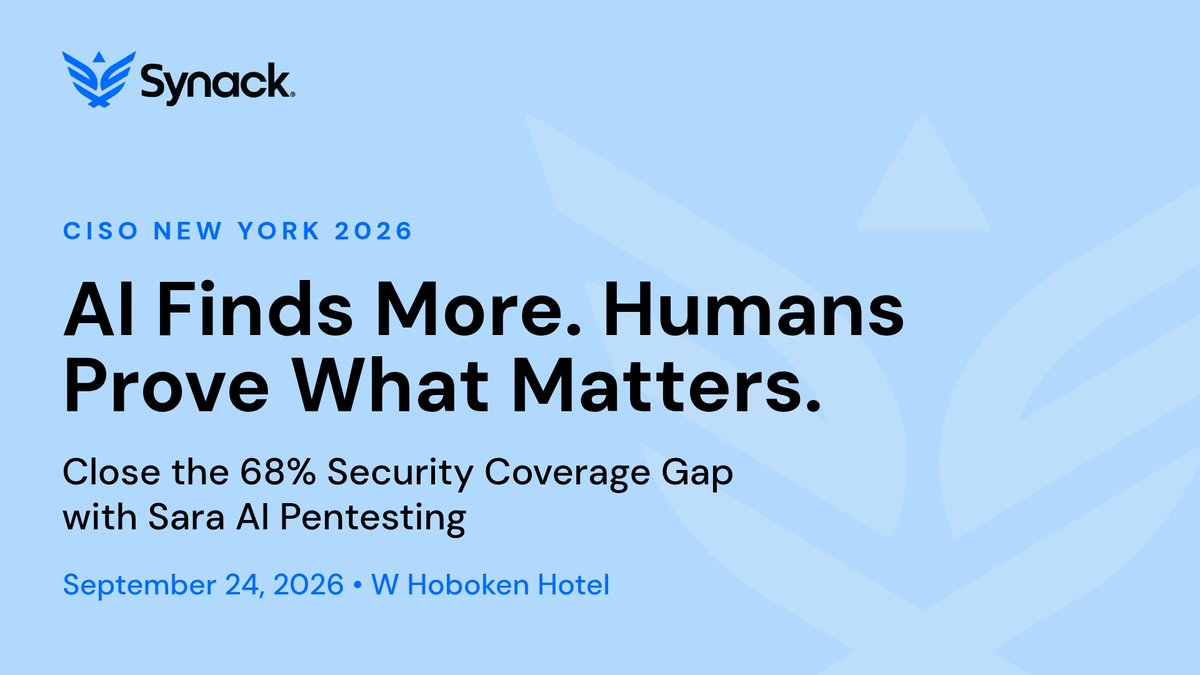 synack's tweet photo. Security leaders: heading to CISO New York? 🏙️
Stop by or schedule time with Synack to explore how Sara AI Pentesting helps teams close the 68% security coverage gap: https://t.co/eHZzv7V4VY https://t.co/eayZ4Zf5kG