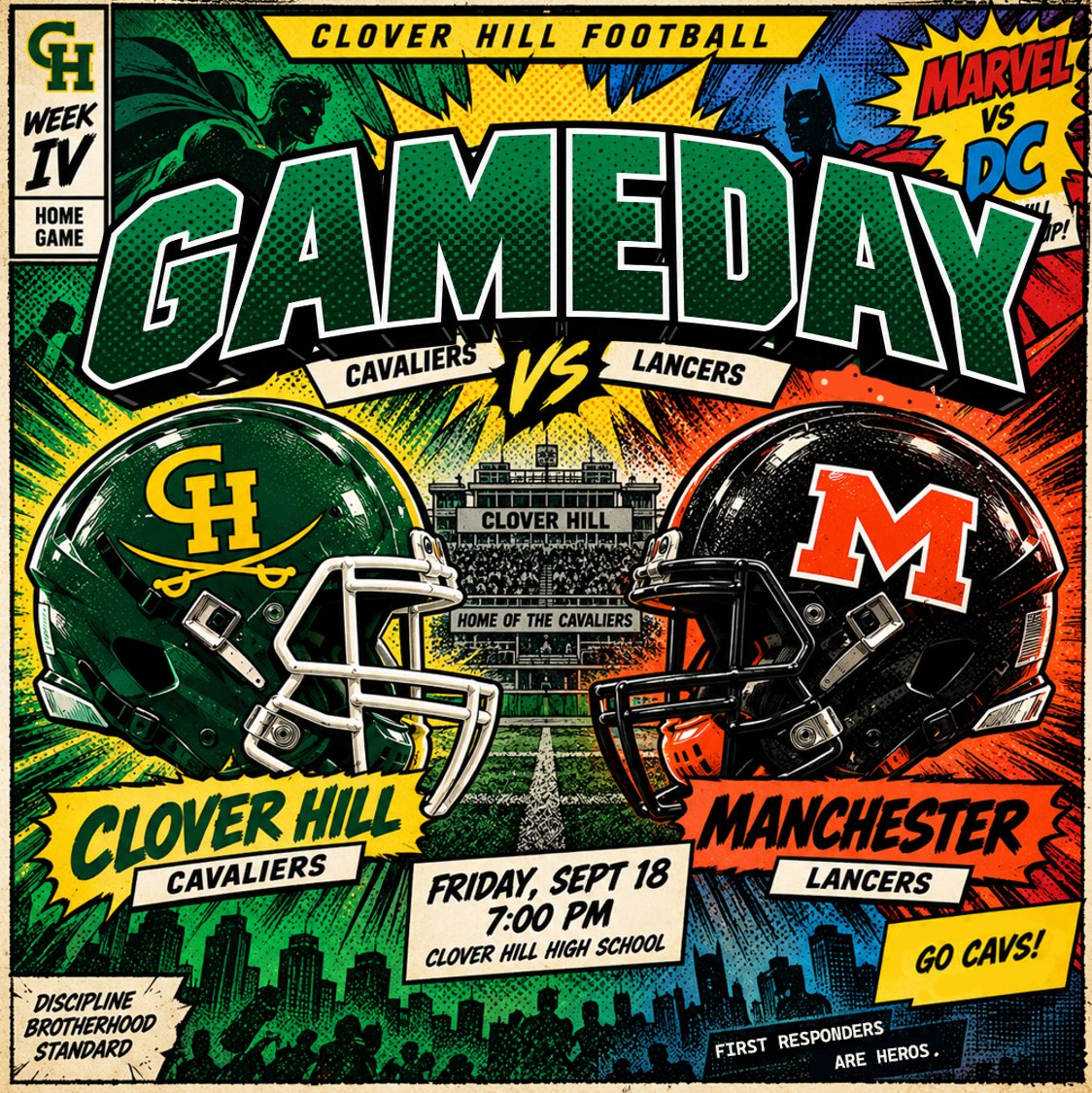 CHCavsFB's tweet photo. 🏈 GAME DAY AT THE HILL!

The Cavaliers are HOME tonight as we take on the Manchester Lancers!

🦸 Marvel vs. DC Night
📍 The Hill
⏰ 7:00 PM
Pick your side. Bring the energy. Pack The Hill. 💚💛
#CloverHillFootball #STANDARD #GoCavs https://t.co/wqfmU3gorl