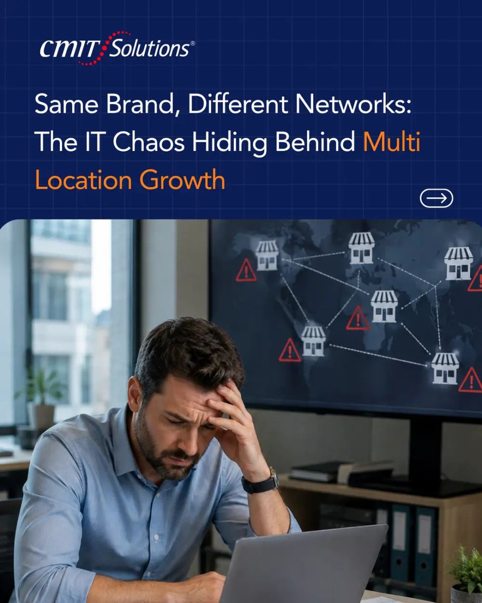 CMITBothell's tweet photo. Every new location a franchise or multi location business opens can mean a separate network, a separate set of vulnerabilities, and a separate headache for whoever is managing IT. Without centralized oversight, security policies drift, updates get missed. https://t.co/Y7Ea088DXt