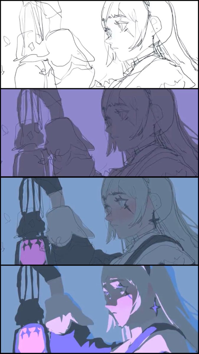Re24jp's tweet photo. 【私の塗りテンプレ4ステップ】上から順
STEP1.線でラフを描く。雑でOK
STEP2.キャラのシルエットと絵全体の色と背景かキャラどちらを明るく決める（紫→青系統に変更してます）
STEP3.シルエットの色に合わせながらキャラの色を塗る
STEP4.メインとサブの光を加算発光または追い焼き発光で入れる…続 https://t.co/E1IxfSrwsv