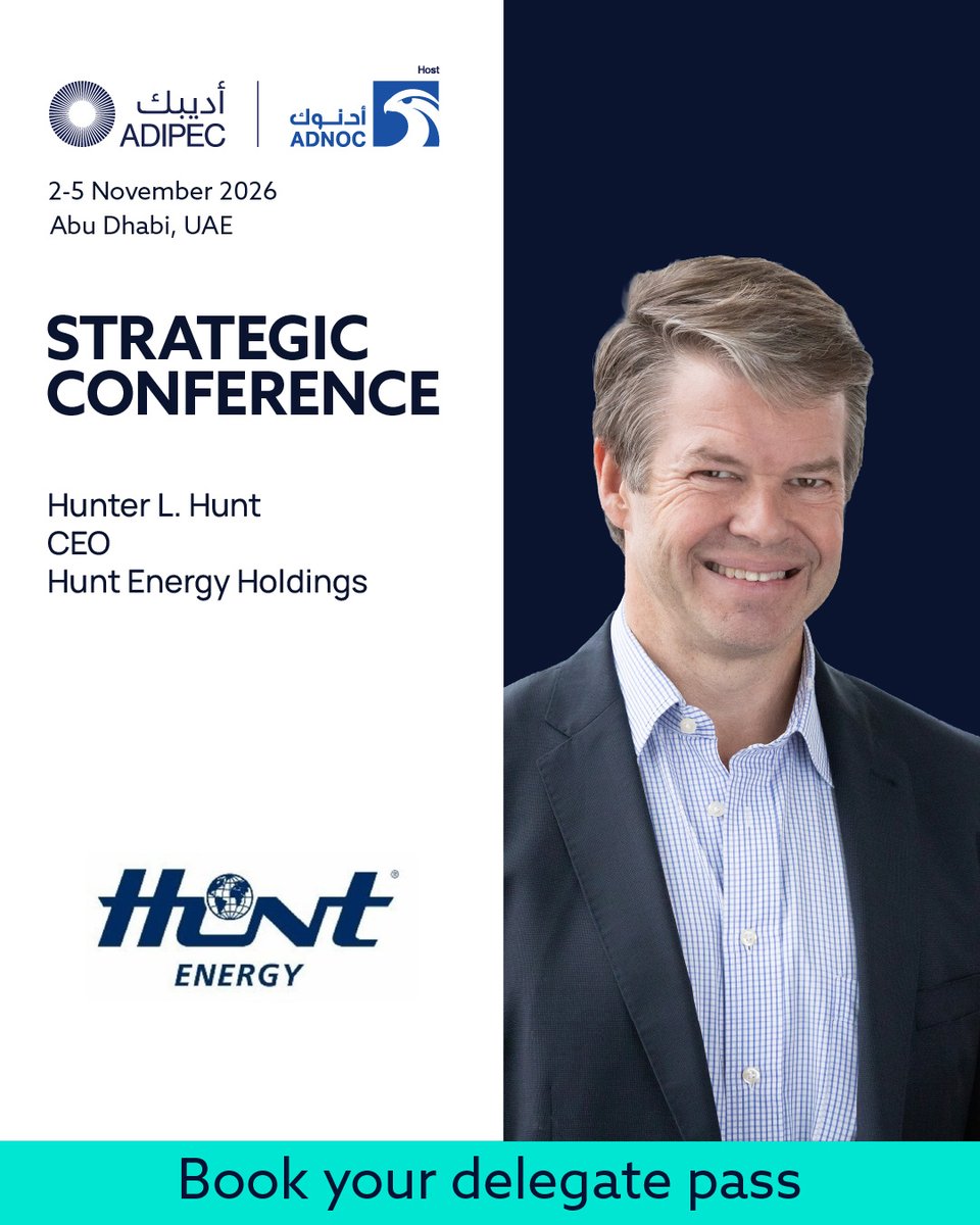 ADIPECOfficial's tweet photo. We are pleased to welcome Hunter L. Hunt, CEO of Hunt Energy Holdings, to ADIPEC 2026, where he will join global energy leaders examining the priorities shaping the industry’s future.

As energy demand grows and markets become more complex, ADIPEC will convene decision-makers from across energy, finance, technology and policy to explore how leadership, investment and international collaboration can strengthen energy security, competitiveness and long-term resilience.

ADIPEC, the world's largest energy event, will convene 1,800+ speakers across 380+ sessions in Abu Dhabi from 2-5 November. Join the conversations shaping energy’s future. 

Register as a delegate: https://t.co/CxOakqnesG 

#ADIPEC #ADNOC #EnergyLeadership #EnergyInvestment #EnergySecurity #GlobalStrategy