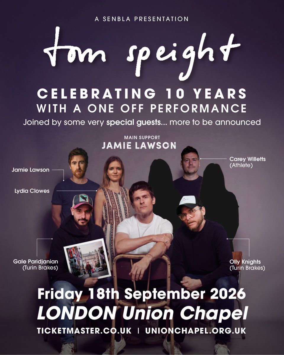 UnionChapelUK's tweet photo. TONIGHT  🎵 @TomSpeightMusic celebrates 10 year in this one-off show featuring @jamielawsonuk , Luke White, Olly &amp; Gale from @turinbrakes , Carey from @ATHLETEBAND and Lydia Clowes.

Get last chance tickets at https://t.co/4mYFfikDF9 https://t.co/fLSpiP3GDn
