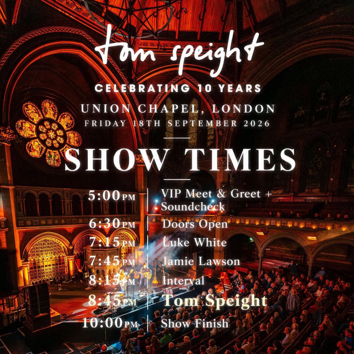UnionChapelUK's tweet photo. TONIGHT  🎵 @TomSpeightMusic celebrates 10 year in this one-off show featuring @jamielawsonuk , Luke White, Olly &amp; Gale from @turinbrakes , Carey from @ATHLETEBAND and Lydia Clowes.

Get last chance tickets at https://t.co/4mYFfikDF9 https://t.co/fLSpiP3GDn