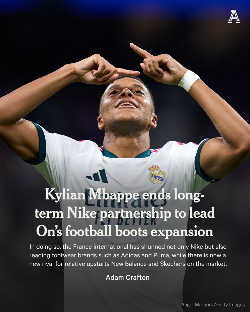 TheAthleticFC's tweet photo. Real Madrid striker Kylian Mbappe has quit his long-term relationship with Nike to become the face of Swiss company On’s first expansion into football boots.

On has also hired former France and Arsenal star Thierry Henry as the firm’s Director of Football.

Henry has been secretly working in the role since 2025 and played a role in convincing Mbappe, 27, to join upon the expiration of his contract with Nike this summer.

Full story from @AdamCrafton_ ⬇️

https://t.co/K0rQO9B1Ru