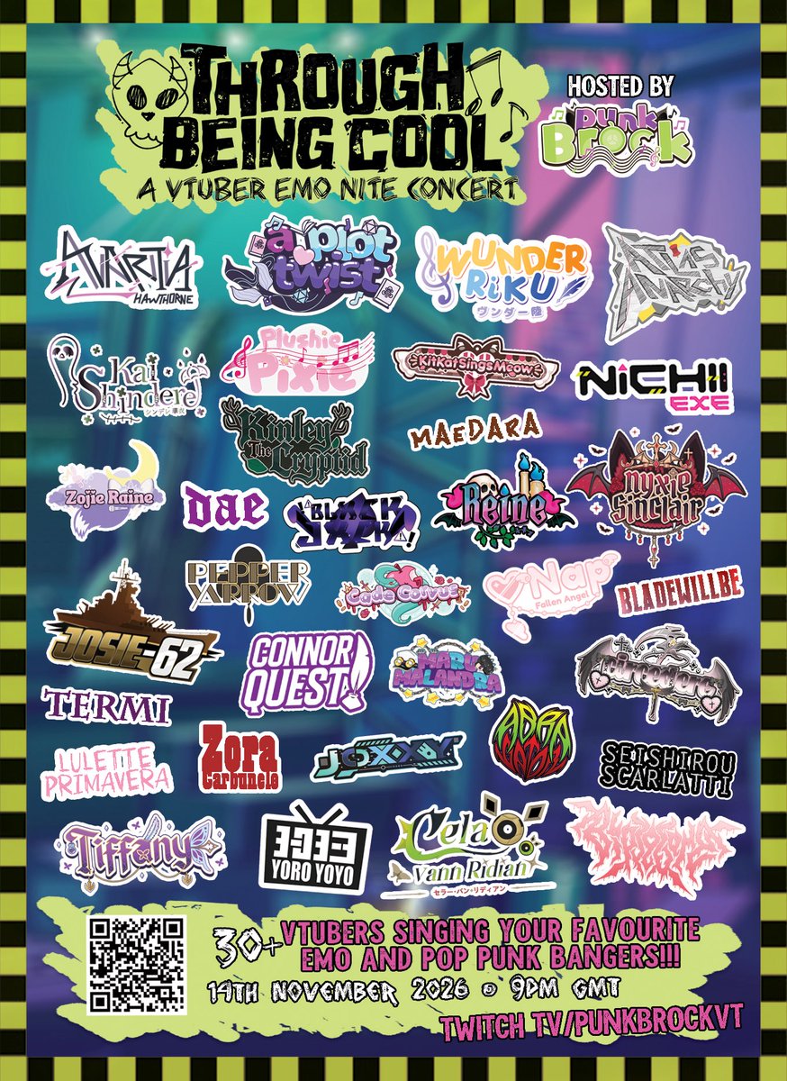 PunkBrockVT's tweet photo. Introducing the lineup for Through Being Cool - A Vtuber Emo Nite Concert!!
SO excited at the talent we’ve managed to gather for this celebration of early 2000s emo and pop punk!!!
Make sure you keep the 14th November free and we’ll see you in the pit 🤘🏼
#throughbeingcoolvt https://t.co/cKoxgHAJD4