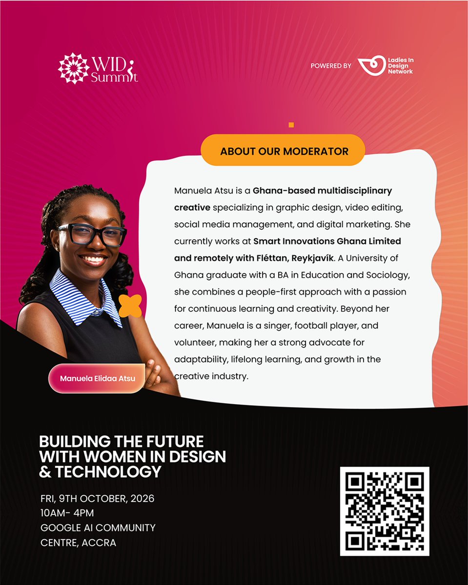 Lidn__'s tweet photo. Weβre excited to have Manuela Elidaa Atsu joining us as a Moderator at #WIDS2026!
π Friday, 9th October 2026
π Google AI Community Centre, Accra
β° 10AM β 4PM
#WIDS2026 #WomenInDesignSummit #LadiesInDesignNetwork #WomenInDesign https://t.co/zAebnANW0f