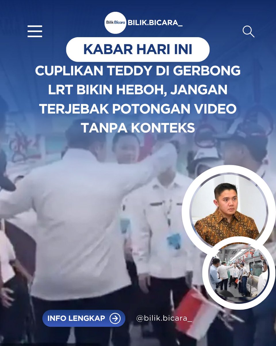 bilikbicara's tweet photo. Hati-hati, jangan terjebak potongan video tanpa konteks! Video yang beredar tentang Mayor Teddy di LRT bisa saja memberikan kesan yang berbeda jika tidak melihat keseluruhan kejadian. #BilikBicara #StopHoax #CekFakta #NetizenCerdas #MayorTeddy https://t.co/BkELjOyBOO