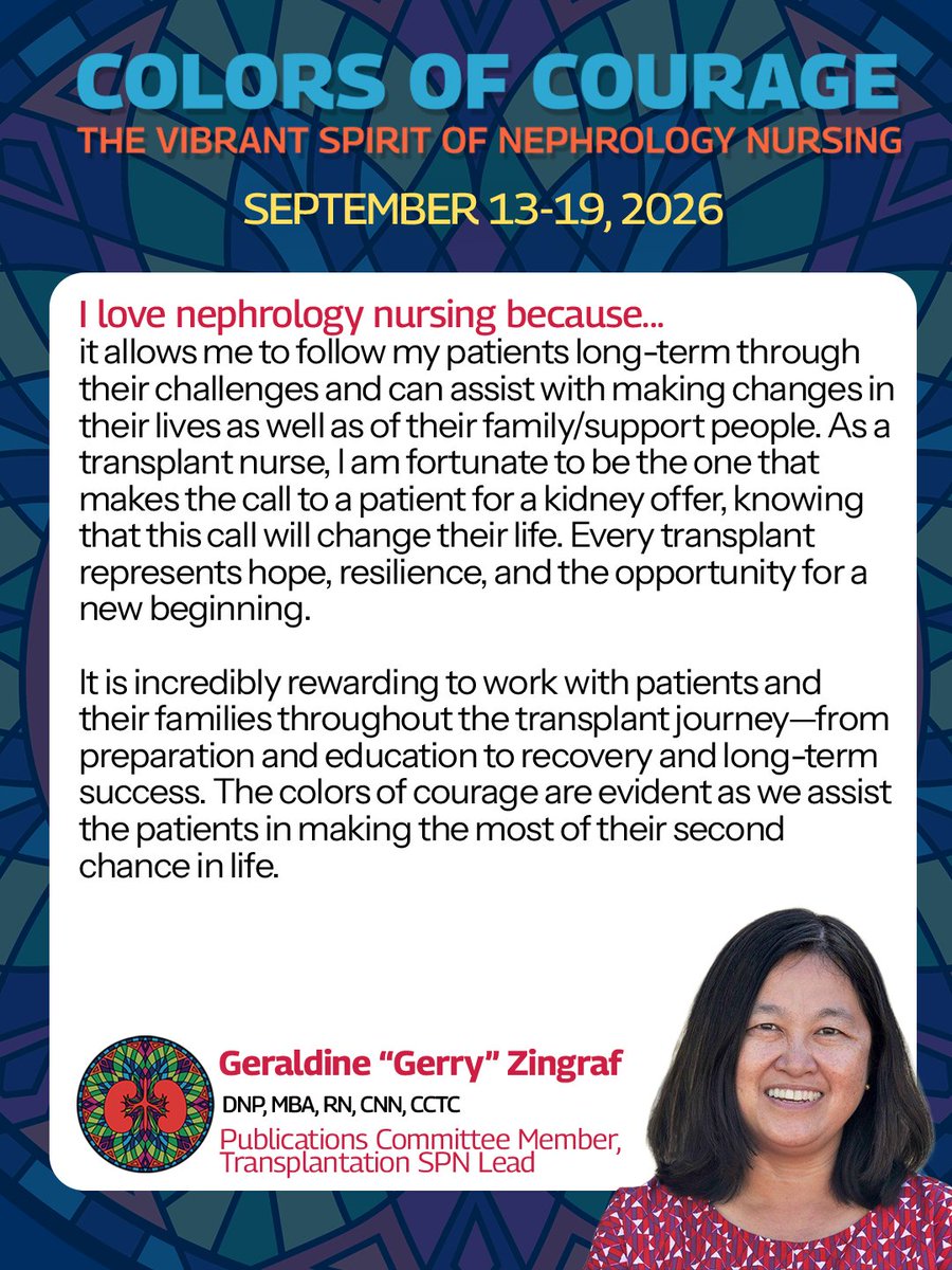 ANNAnurses's tweet photo. Why do you love nephrology nursing? Here's why Publications Committee Member and Transplantation SPN Lead, Geraldine “Gerry” Zingraf, loves it. #NNW26 #ANNAFall26 https://t.co/joAr3VMBgx
