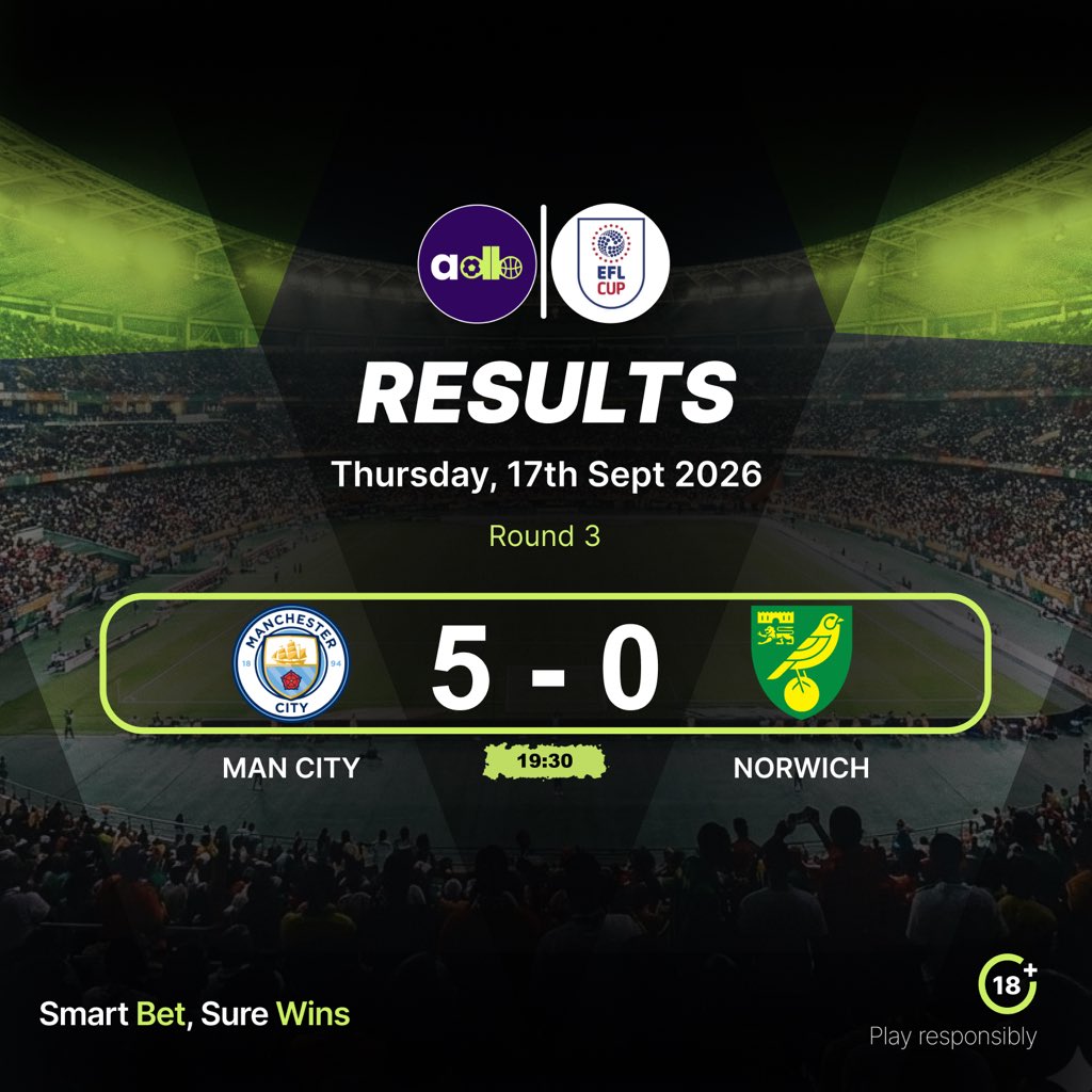adasibet's tweet photo. Full-Time Thursday!
Betis edge Getafe, Villarreal win away, and Man City put FIVE past Norwich!
#Postmatch
#FullTime
#LaLiga #EFLCup
#Adasibet https://t.co/PGocDqFdk3