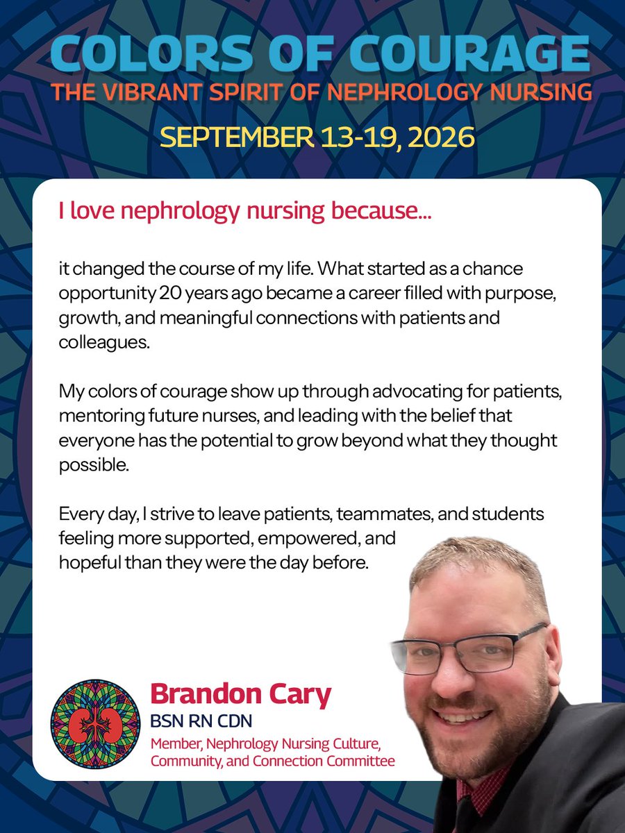 ANNAnurses's tweet photo. Why do you love nephrology nursing? Here's why Nephrology Nursing Culture, Community, and Connection Committee Member, Brandon Cary, loves it. #NNW26 #ANNAFall26 https://t.co/DMAALsyHb5