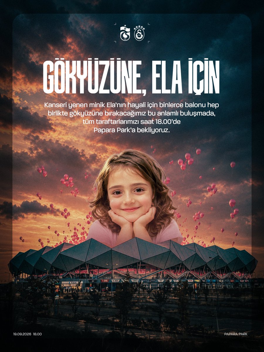 Trabzonspor's tweet photo. Kanseri yenen minik Ela’nın hayali için binlerce balonu hep birlikte gökyüzüne bırakacağımız bu anlamlı buluşmada, tüm taraftarlarımızı yarın saat 18.00’de Papara Park’a bekliyoruz. 

Gökyüzüne, Ela için 🎈 https://t.co/MoFHAcOvZY