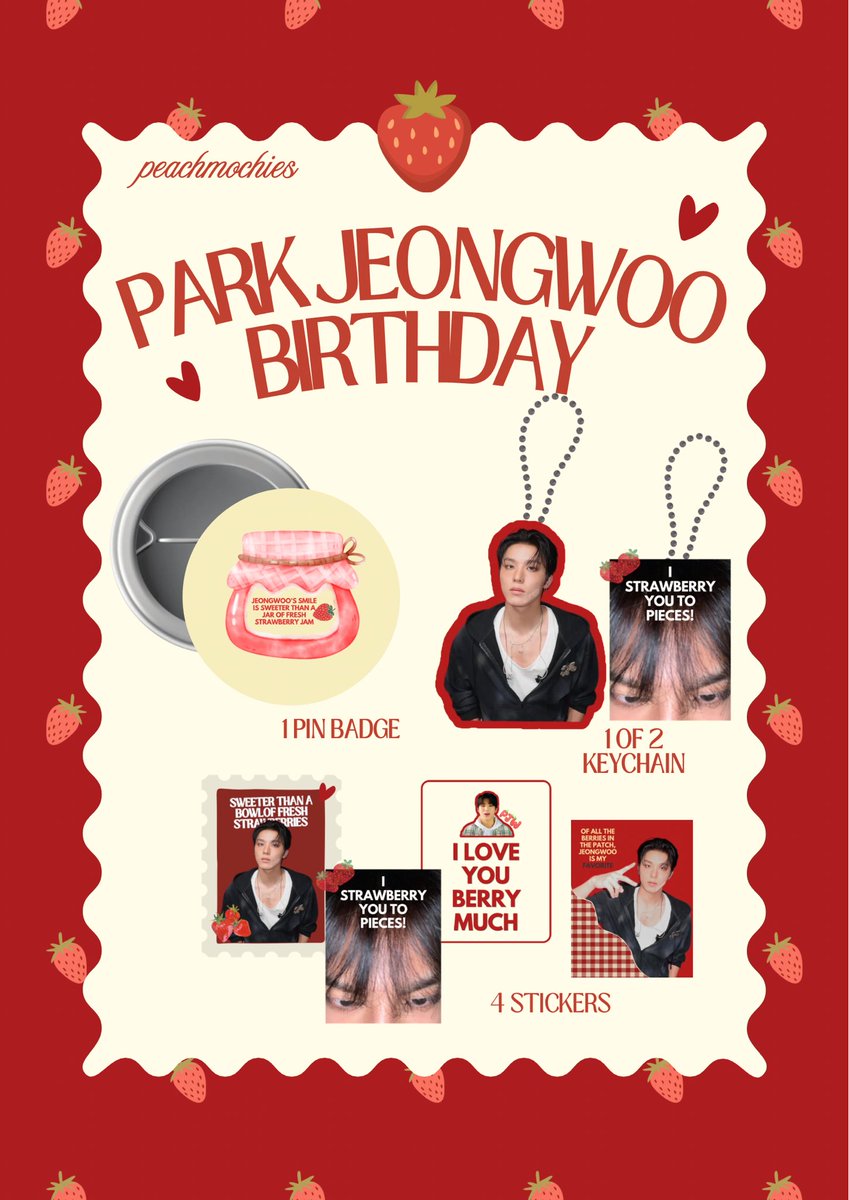 PeachMochies's tweet photo. I LOVE YOU BERRY MUCH JJEONGJJEONGIE🍓❣️

🍓ONLINE FREEBIES DALAM RANGKA JEONGWOO BIRTHDAY

- isinya: 1 of 2 acrylic keyring + 4 stickers + 1 pin badge

- boleh co 2 kit | Rp. 9.999 no refund

https://t.co/I9MUIHmXtt 25.09.2026 | 15.30 WIB

- plz give me 🌟 on oren https://t.co/vs7bFGSbgx