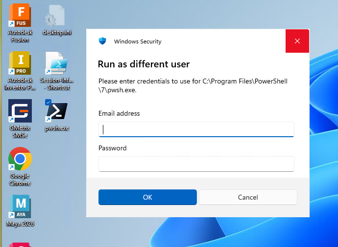 guyrleech's tweet photo. If you need to run something elevated in a Remote Desktop session, eg AVD, you can't paste directly into the UAC "Run as Administrator" dialogue but you can paste into "Run as different user" dialogue (eg shift right click on pwsh.exe shortcut on desktop) & from there start elevated process via

start pwsh.exe (or powershell.exe) -verb runas

-passthru only used here for demo purposes

fltmc.exe used to prove when elevated