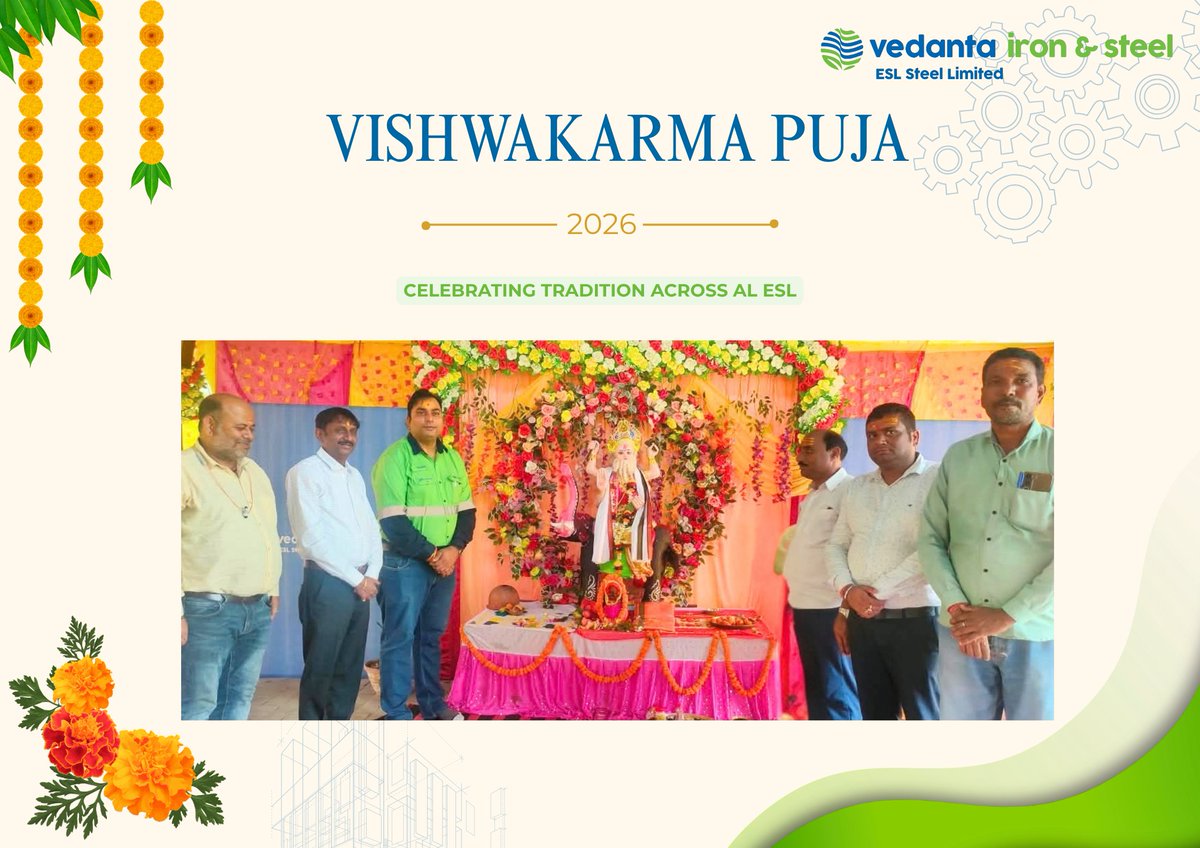 ESLSteelLimited's tweet photo. Across departments, on spirit of celebration.

Glimpses of Vishwakarma Puja at ESL, celebrating the skills, craftsmanship and dedication that power our journey forward.

#VishwakarmaPuja #ESL #VISL https://t.co/xrL1jxrn8l