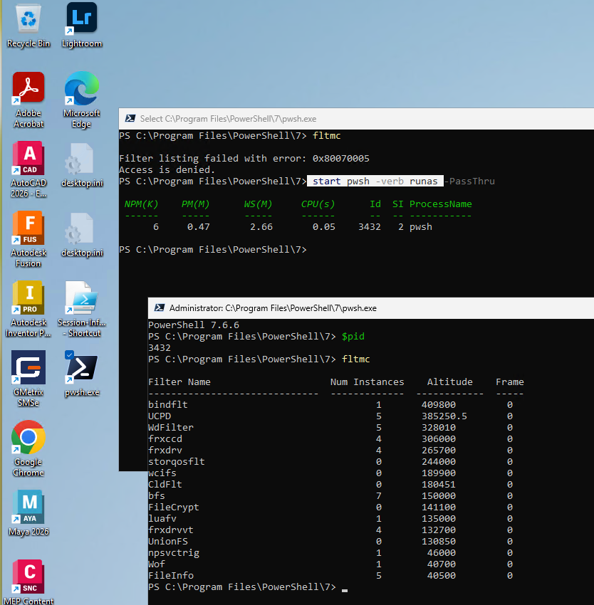 guyrleech's tweet photo. If you need to run something elevated in a Remote Desktop session, eg AVD, you can't paste directly into the UAC "Run as Administrator" dialogue but you can paste into "Run as different user" dialogue (eg shift right click on pwsh.exe shortcut on desktop) & from there start elevated process via

start pwsh.exe (or powershell.exe) -verb runas

-passthru only used here for demo purposes

fltmc.exe used to prove when elevated