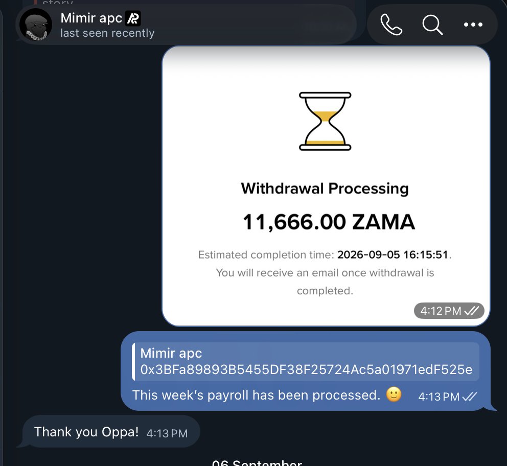 eth_apple's tweet photo. Since September, all our team salaries have been paid weekly in ethereum:0xa12cc123ba206d4031d1c7f6223d1c2ec249f4f3.
I want them to experience the @zama  holder life too.

See you in a year. 🫡 https://t.co/T6NRlnKV8a