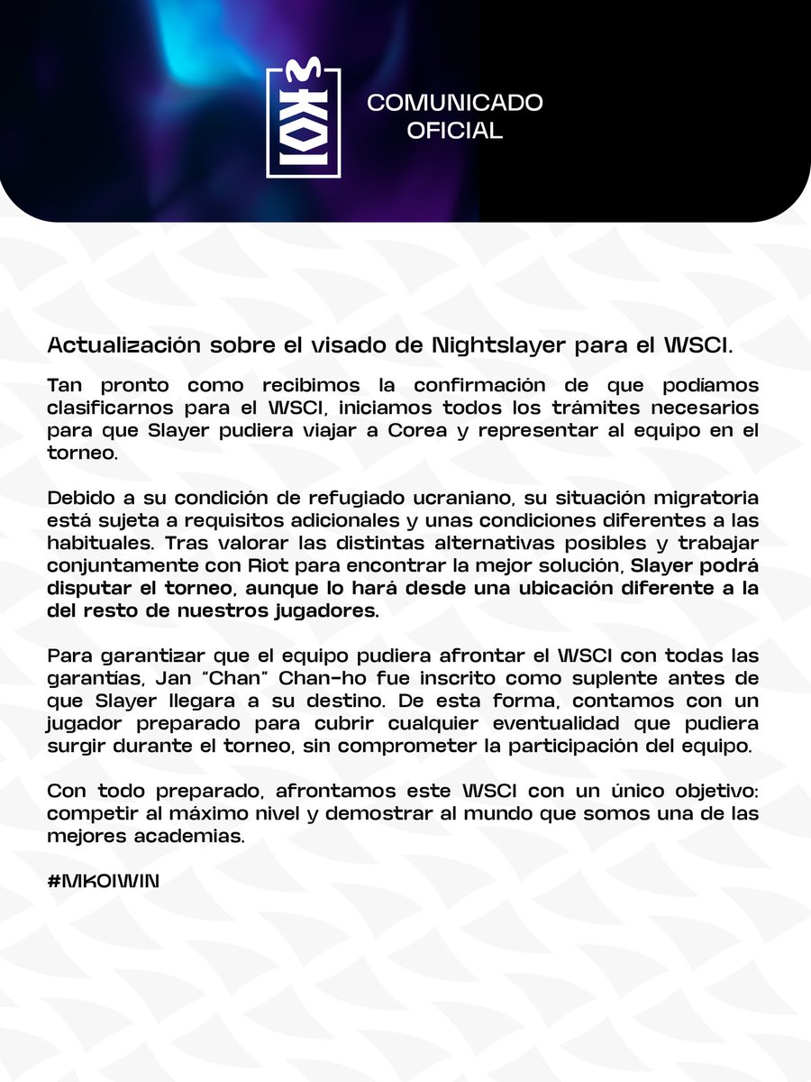 MovistarKOILoL's tweet photo. Comunicado oficial: Visado de Nightslayer. https://t.co/HEBjPyxp3E