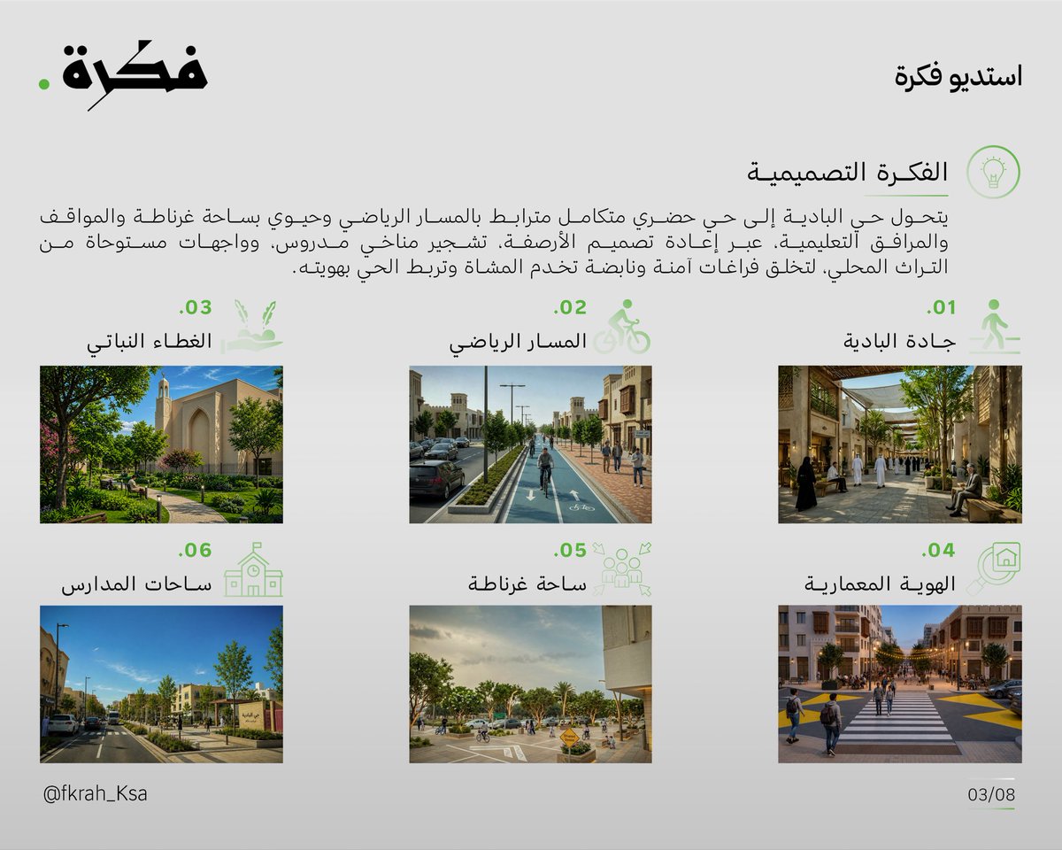 Fkrah_Ksa's tweet photo. مقترح تطوير حي البادية بالدمام

يهدف المقترح إلى تطوير البيئة الحضرية في حي البادية، من خلال مجموعة من التدخلات التي تركز على تحسين جودة الحياة ورفع كفاءة الحي:

1- مسارات المشاة: تطوير الأرصفة وإنشاء مسارات مشاة مظللة وآمنة.

2-  المساحات الخضراء: توسيع المساحات الخضراء ورفع نسبة تغطية الحدائق من 60% إلى 85%.

3-  واجهات المباني: تحسين واجهات المباني والارتقاء بالمشهد العمراني للحي.

4- ساحات المدارس: تطوير الساحات المدرسية وتعزيز مستويات السلامة وجودة الاستخدام.

النتيجة: حي أكثر تنظيمًا، جمالًا، وراحةً للسكان، وأكثر قابليةً للعيش.

تصميم: م. إبراهيم الفريدي، م. منذر التركي

#فكرة
#مبادرة_فكرة
#استوديو_فكرة
#مقال_فكرة
#مدن_سعودية_أكثر_قابلية_للعيش