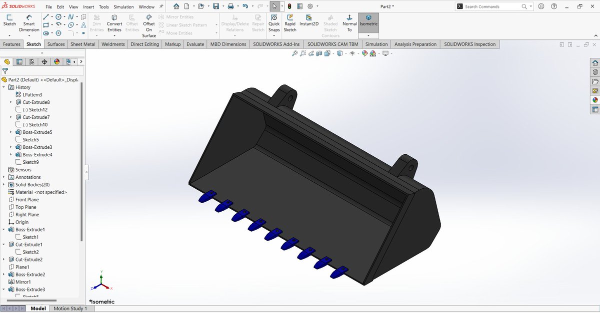 jreal102's tweet photo. Day 26/30 - SolidWorks Challenge ⚙️🔥 

Today, I continue with the drawing of parts for the BobCat Loader assembly. I was able to draw two parts: The Cabin and the Bucket. These two parts sharpen my skills more in SolidWorks design. 

Watch out for the next one! 🤞 https://t.co/9ISunFNT2R