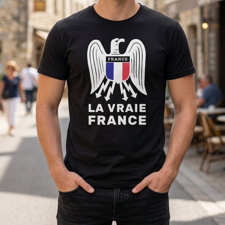 RevoltNoir's tweet photo. La Vraie France T-shirt | “La Vraie France” translates literally to “the real France” or “the true France". The eagle symbol is associated with a French volunteer unit from the Second World War that fought alongside the Germans on the Eastern Front. https://t.co/URw41uYek5