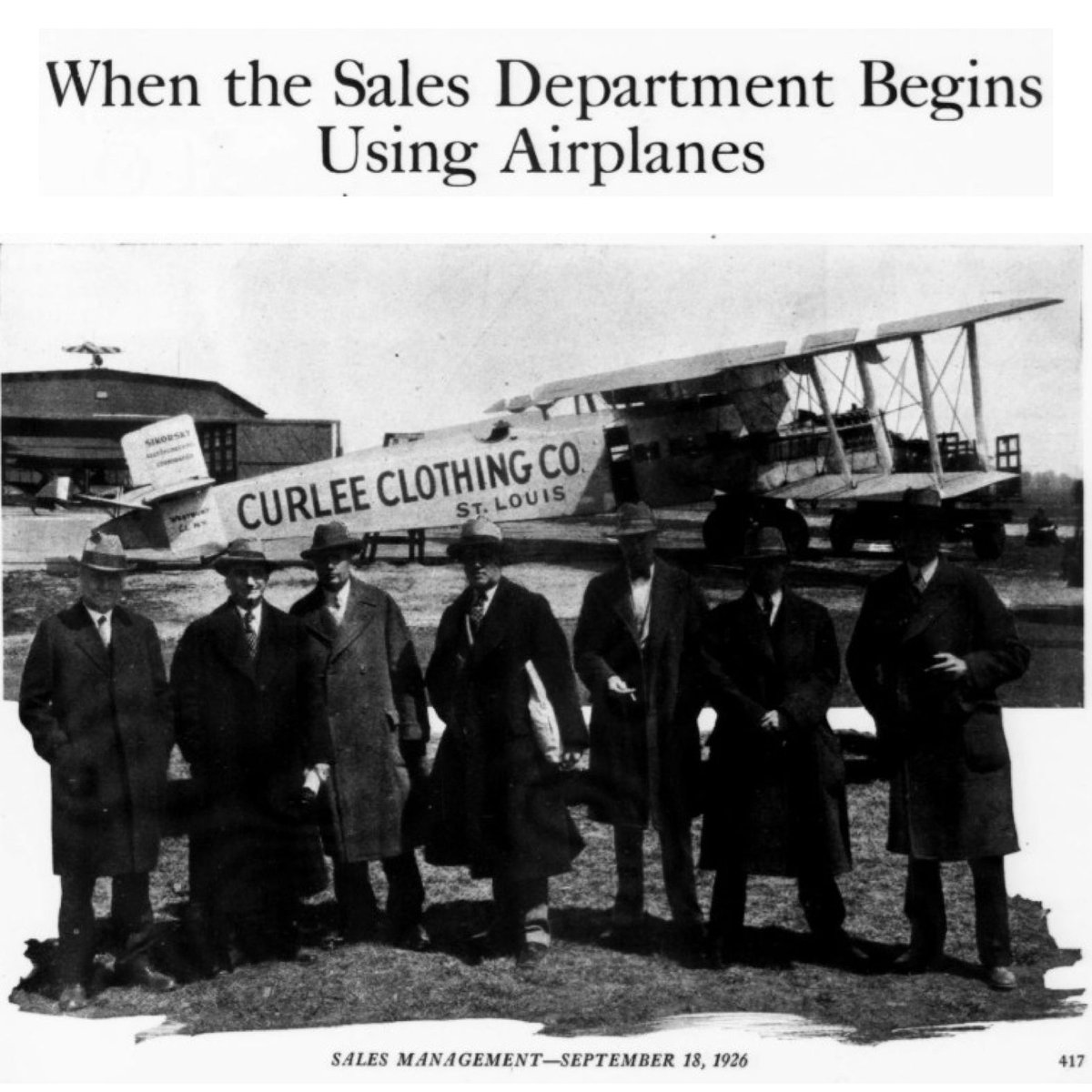SalesHistorian's tweet photo. What disruptive technology were all the magazines talking about in the sales profession, 100 years ago today? The use of airplanes! Salespeople spent a lot of time traveling. What was the ROI on the time saved by flying? Huge. https://t.co/yfOHuCuXmY