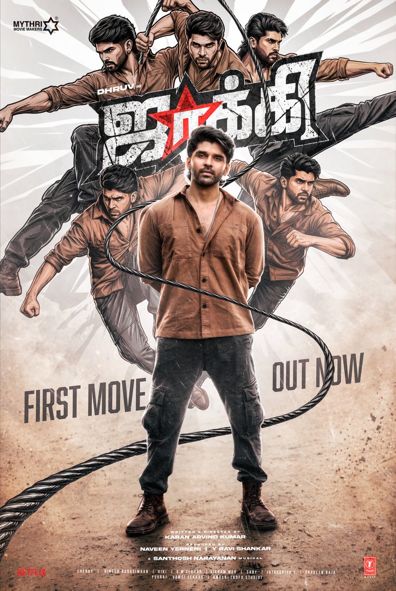 MythriOfficial's tweet photo. Ladies and Gentlemen, Meet #Jackie and the madness he brings to the sets 💥💥

First move promo out now!
▶️https://t.co/WVkZW9vbmn

Flying soon ❤‍🔥

#Dhruv is J✭CKIE 

Directed by @karanAkumar12

A @Music_Santhosh musical 🎼

Produced by @MythriOfficial

@WriterSaby @viki_dop @chiya_1009 @PraveenRaja_Off #GMSekhar @vm_mor @AMBANINSK @Tseries