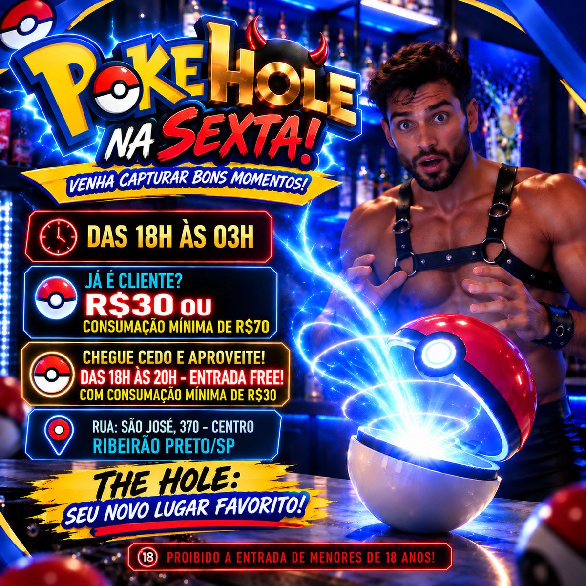 the_hole_rp's tweet photo. Sexta no The Hole é assim: motivos de sobra pra fazer o seu PIKAchu dar aquele "PIKA-PIKA!" de satisfação!⚡️ Prepare as PokeBOLAS e vem ferver com a gente. 🔥
EXCLUSIVO para público gay masculino. Proibido Menores 🔞
#theholerp #barlounge #bargay #barcruising #ribeiraopreto https://t.co/iE8j74QBv3
