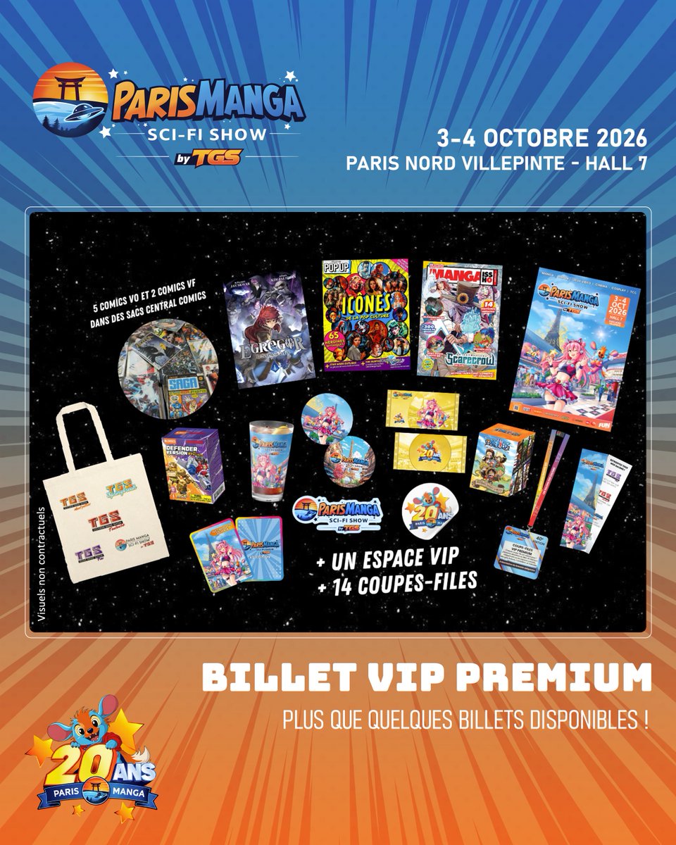 ParisManga's tweet photo. LES BILLETS VIP PREMIUM PARTENT VITE À #PARIMANGA ! 

Tote bag, badges, figurines, manga, comics, carte TCG, goodies 20 ans, ticket d’or… 

Et bien sûr, l’accès à l’Espace VIP !

📅3 &amp; 4 octobre 2026
📍Paris Nord Villepinte
🎟️https://t.co/JNtLQNaRrH
#PM40 #Goodies https://t.co/VhphShxZ94
