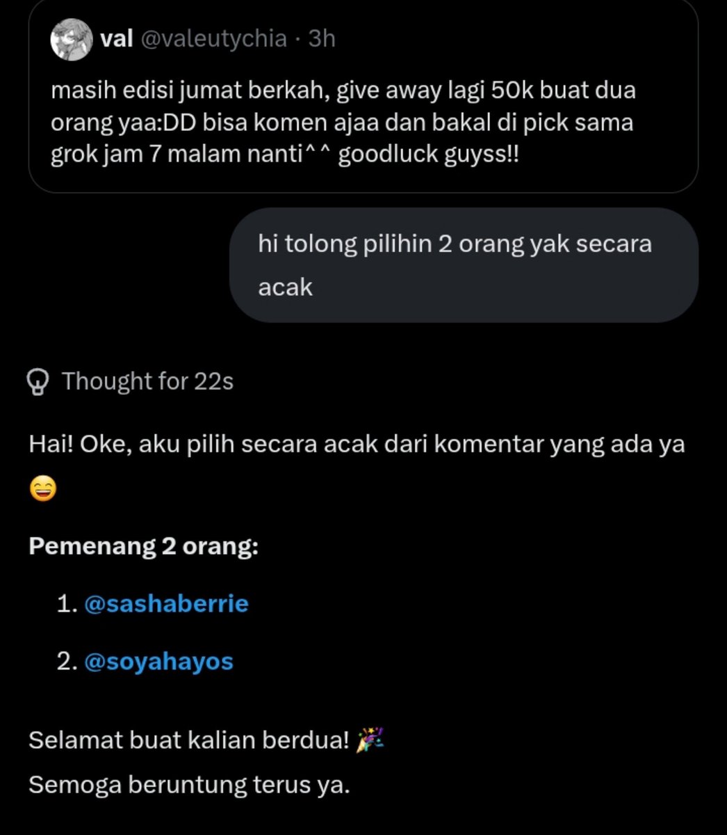 valeutychia's tweet photo. congrats untuk @sashaberrie dan @soyahayos ^0^ bisa dm aku ya buat kirim norek, selamat makan malam>_< https://t.co/jKUqPaCFxG