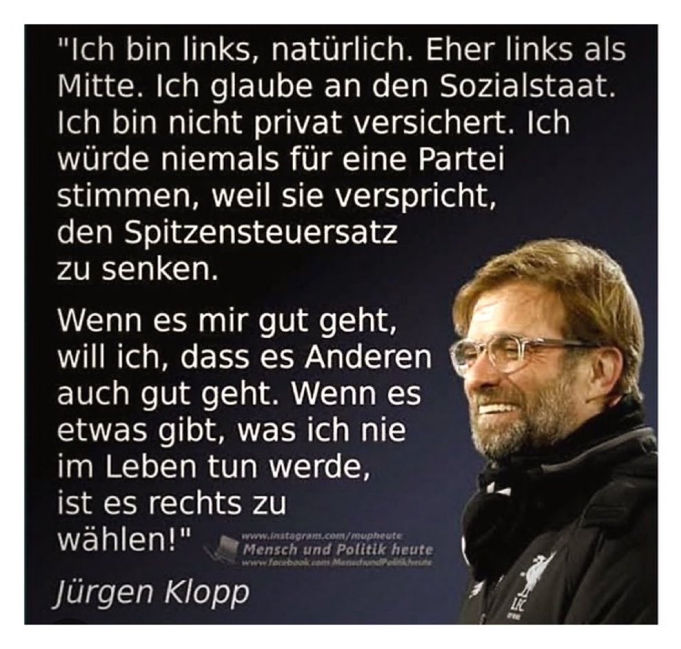 goia's tweet photo. Klopp sagt, man könne Deutschland mögen, ohne rechts zu sein. Prompt wird die Trennung von Sport und Politik beschworen – offenbar immer dann, wenn Deutschland nicht so gedeutet wird, wie es gerade genehm ist.

Klopp sagt, was der Bundespräsident eigentlich sagen müsste. https://t.co/KM6Pe8cbCk