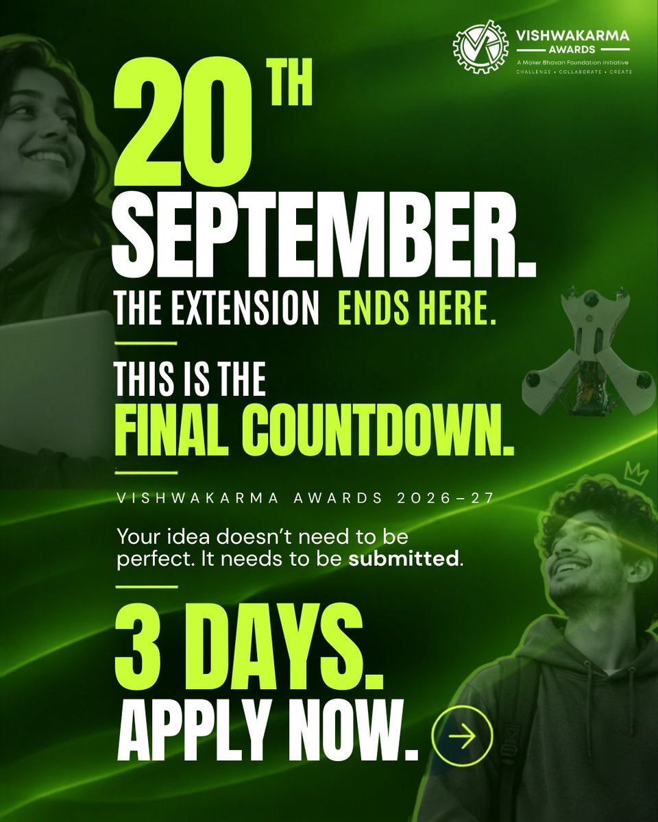 iTICIncubator's tweet photo. 3 DAYS LEFT! 🚨
The final countdown for #VishwakarmaAwards 2026-27 is on. Got an idea to solve a real-world problem? Put it out there!
💡 No prototype required | 🏆 Win up to ₹2L | 🚀 Take your idea from concept to prototype
Apply by 20 Sept, 11:59 PM:
 https://t.co/DlB3LAXhUG https://t.co/j7AMmuWvcJ