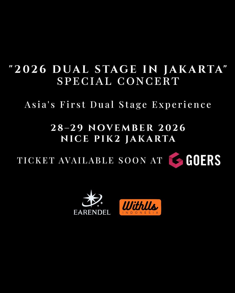 withusind's tweet photo. ✨ SOMETHING BIG IS COMING TO JAKARTA ✨

Asia’s first-ever Dual-Stage concert experience is about to make history—and it’s happening right here.

“2026 DUAL STAGE”
SPECIAL CONCERT

Asia’s First DUAL STAGE Experience

📍 JAKARTA
📅 28–29 NOVEMBER 2026

Dua panggung, satu pengalaman yang nggak akan pernah kamu lupain. Siapa aja yang bakal naik ke atas panggung? 👀

Detail line-up dan tiket akan segera diumumkan — the big reveal is coming soon.

Presented by @withusind
Official Ticketing Partner: GOERS

🔔 Jangan sampai ketinggalan update-nya — follow & turn on notifications:
👉 @withusind
👉 @goers.id

This is only the beginning. 🔥

#2026DualStage #SpecialConcert #AsiaFirstDualStageExperience #JakartaNovember2026 #WithUsIndonesia