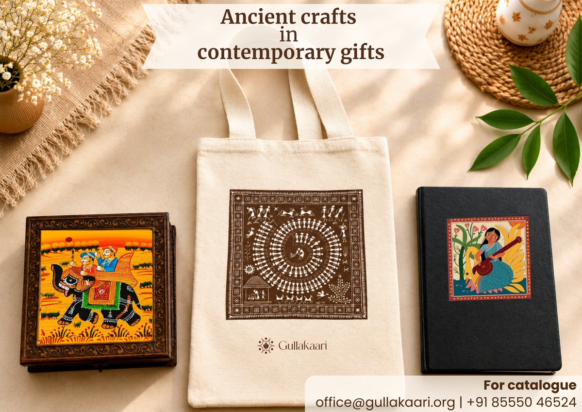 gullakaari's tweet photo. Three crafts. One meaningful hamper. 🌿

Warli printed tote + Rajasthani miniature handpainted box + Pattachitra diary.

Traditional Indian craftsmanship, thoughtfully brought into contemporary gifting.

Indian handicrafts | artisan gifting | corporate gifting https://t.co/8E5b7wfI9d