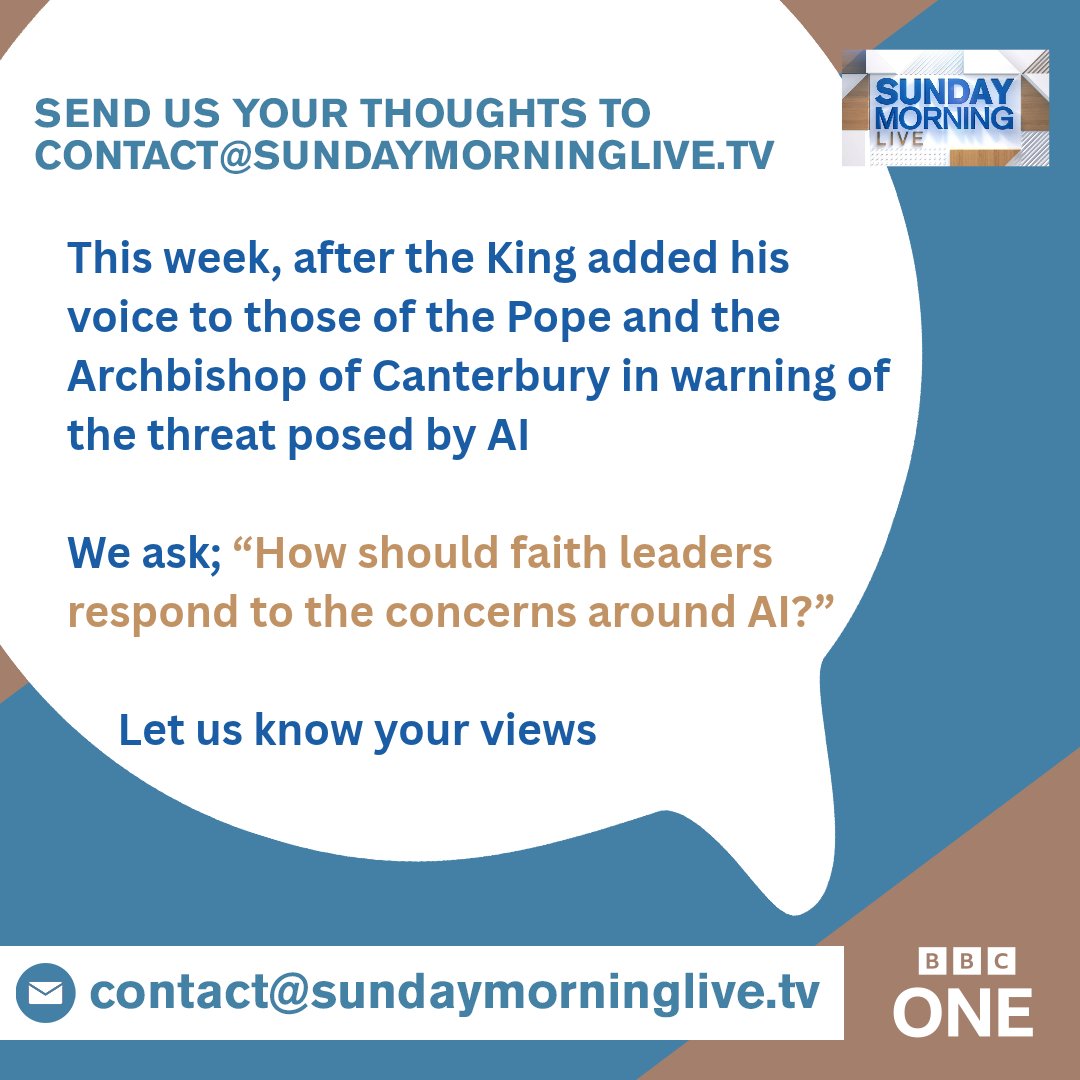 bbcsml's tweet photo. This week, after the King added his voice to those of the Pope and the Archbishop of Canterbury in warning of the threat posed by AI, we ask; ’How should faith leaders respond to the concerns around AI?’  Let us know your views https://t.co/d9xyAnvVw7