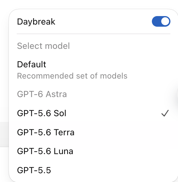 youkyi's tweet photo. Nouvelle mise à jour de l’app ChatGPT pour ceux qui ont accès à Daybreak : ce n’est plus un « modèle » à part entière, mais un toggle dispo sur pas mal de modèles.

Avant, c’était uniquement routé vers Sol. Maintenant, on peut choisir vers quel modèle le router.

Rien du côté de la CLI encore. 

Évidemment… tous sauf Astra 😅