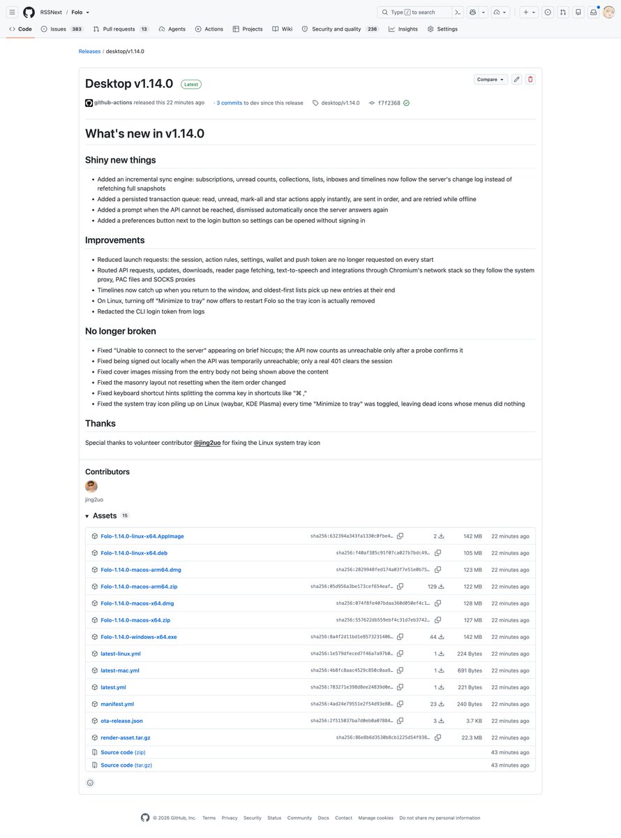 folo_is's tweet photo. Folo update time 💫 desktop 𝐯𝟏.𝟏𝟒.𝟎 and mobile 𝐯𝟎.𝟓.𝟏𝟎 are here!

Highlights:
🔄 Incremental sync, fewer requests
⚡ Instant read &amp; star marks, even offline
📱 Reading settings, dark mode, immersive reading
🌐 Desktop follows your system proxy

👇 Full details below https://t.co/EFIVQuIw9R