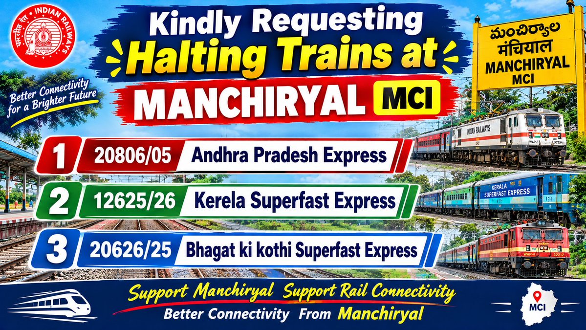 ManchiryalRail's tweet photo. Kindly Requesting Halting Trains at Manchiryal MCI 
@SCRailwayIndia @SCoRAILWAYVSKP @AshwiniVaishnaw @RailMinIndia @vkgaddam https://t.co/BOA4qfOOCw
