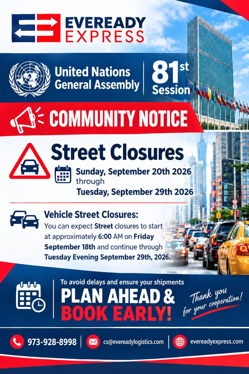 EvereadyExpress's tweet photo. 🚨 NYC deliveries during #UNGA81? Plan ahead! Street closures &amp; traffic may cause delays Sept. 18–29. Eveready Express helps businesses across NJ, NY &amp; PA keep shipments moving. 🚚 #NYCLogistics #EvereadyExpress https://t.co/B4h3dTJYhv
