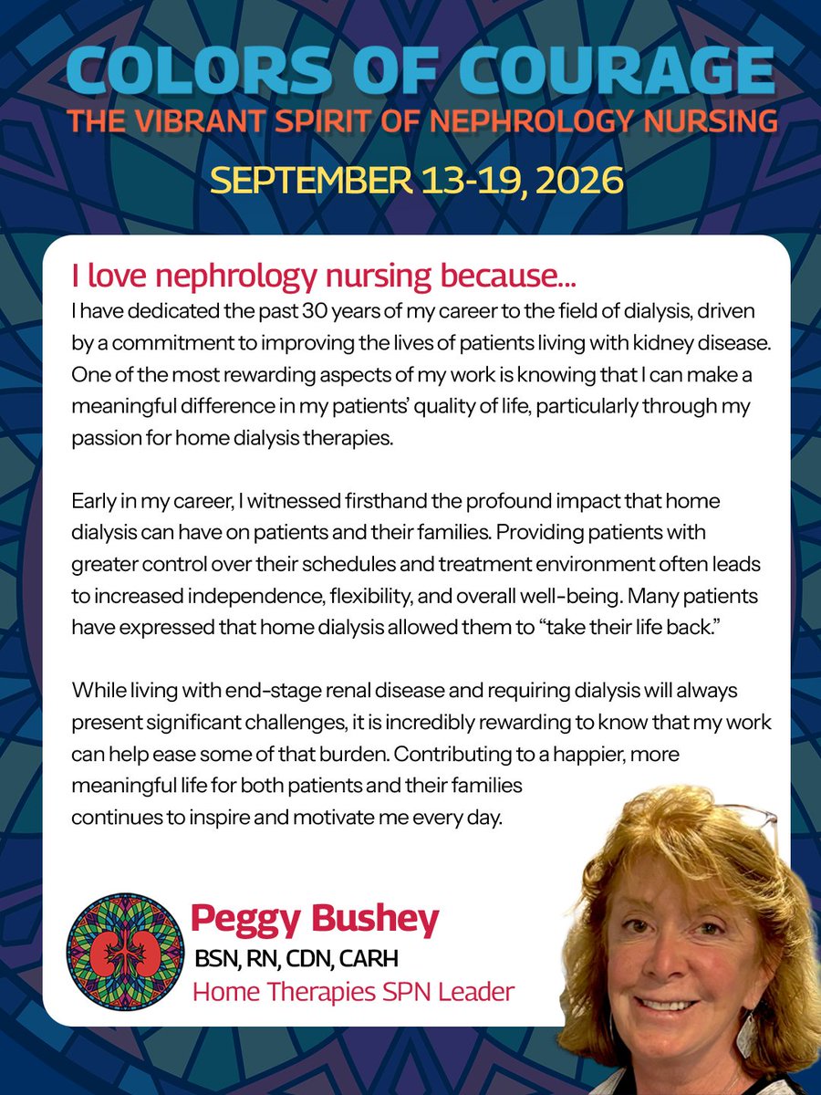ANNAnurses's tweet photo. Why do you love nephrology nursing? Here's why Home Therapies SPN Leader, Peggy Bushey, loves it. #NNW26 #ANNAFall26 https://t.co/Fg8mkbdE51