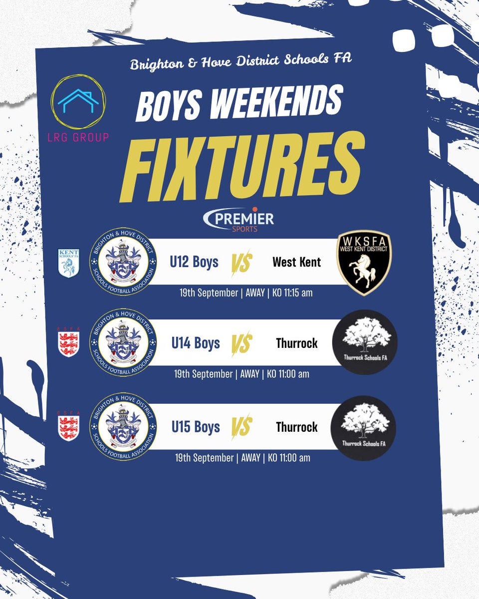 bhdsfa's tweet photo. ⚽️ WEEKEND FIXTURES ⚽️
It’s a busy weekend for our representative sides with @kentschools_fa & @SchoolsFootball matches! 🔵⚪️
Best of luck to all our teams taking to the pitch. 💪
@MedwayDistrict @WestKentSFA @TPSFADistrict @SwaleSsfa @TandMSFA @SloughSFA
#BHDSFA https://t.co/ss44EcQH2q