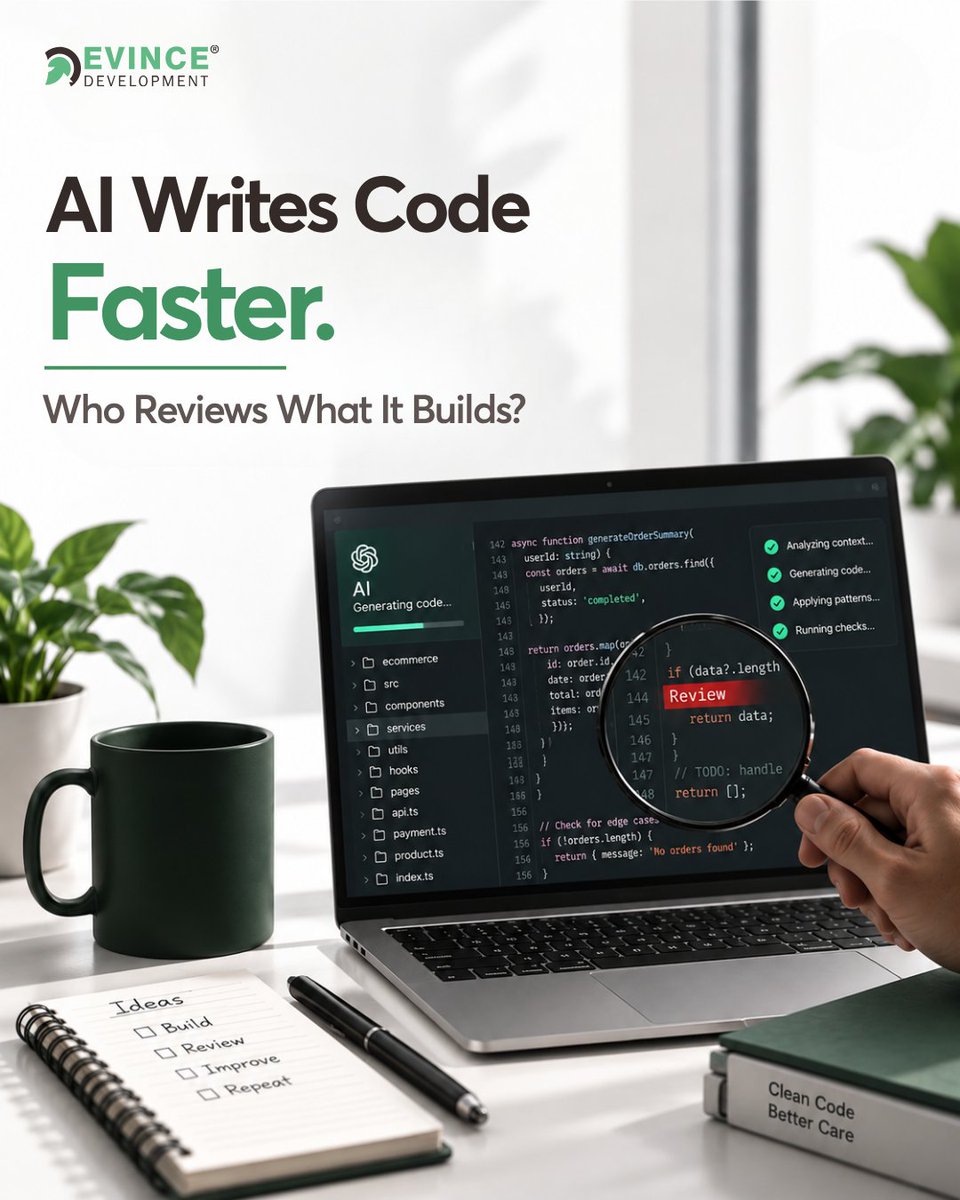evincedev's tweet photo. AI coding speeds up development, but engineering judgment still matters. Architecture, security, testing, maintainability, and reliability need experienced developers.Hire full-stack developers: https://t.co/KXSAsLLOMm #SoftwareEngineering #EvinceDev https://t.co/AqPh1OjAJI