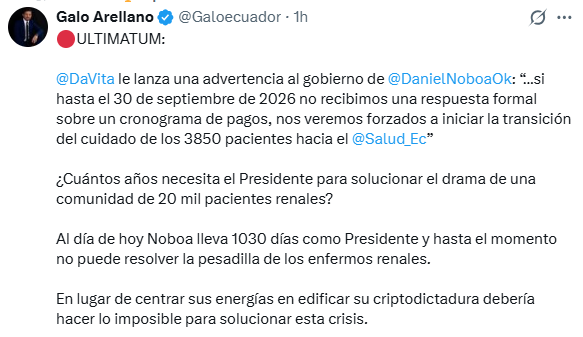 EcEnDirecto's tweet photo. #ATENCIÓN 
El periodista @Galoecuador dio a conocer que la empresa @DaVita lanzó una advertencia al gobierno de @DanielNoboaOk: “…si hasta el 30 de septiembre de 2026 no recibimos una respuesta formal sobre un cronograma de pagos, nos veremos forzados a iniciar la transición del cuidado de los 3.850 pacientes hacia el @Salud_Ec”.
"¿Cuántos años necesita el presidente para solucionar el drama de una comunidad de 20.000 pacientes renales? Al día de hoy, Noboa lleva 1.030 días como mandatario y hasta el momento no puede resolver la pesadilla de los enfermos renales", comentó.