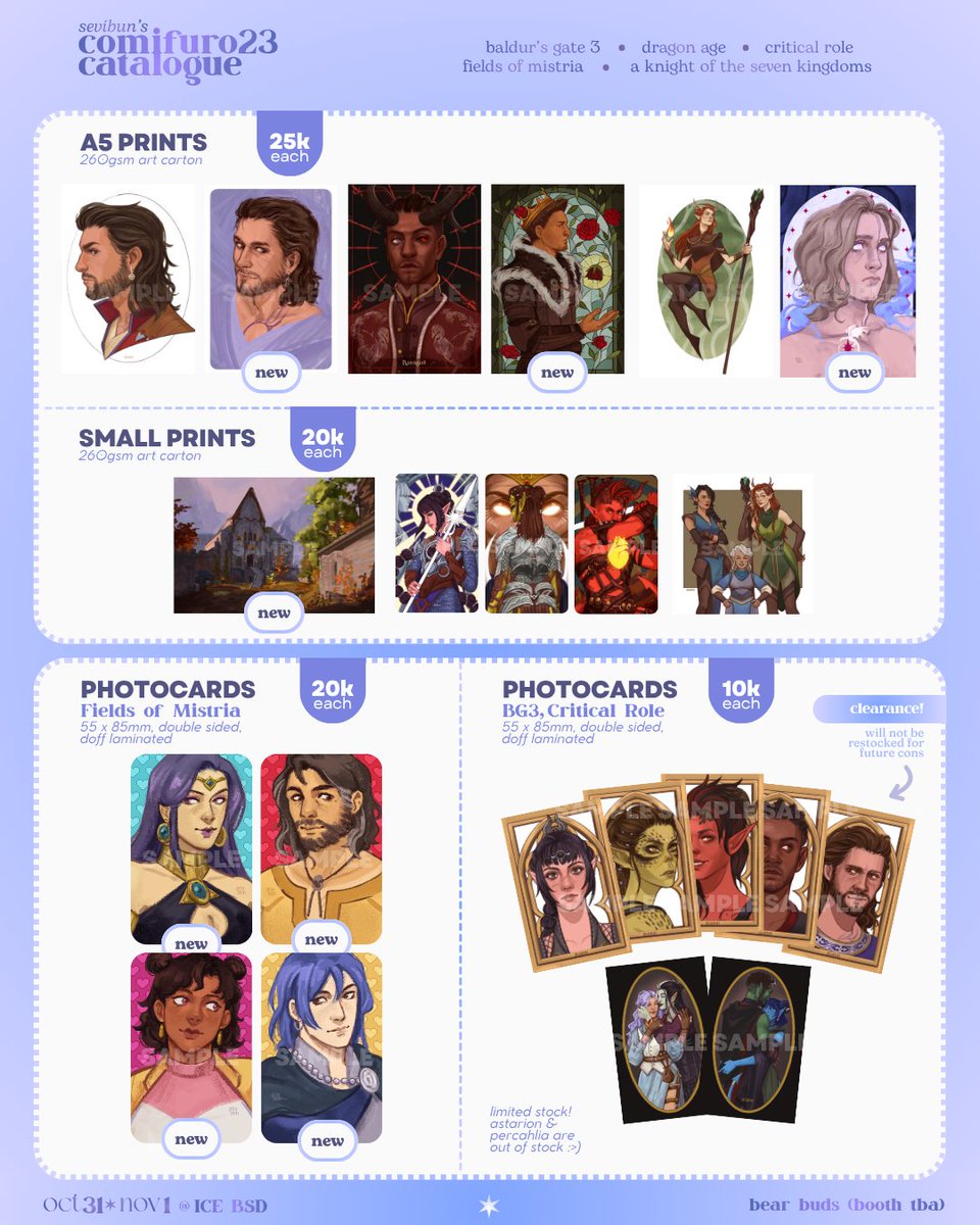 sevibunie's tweet photo. ♡︎ + ⟳ are appreciated!
hiii my #cf23 po is open!🔮

✦ bear buds (booth tba)
✦ po period: sep 18 - oct 4
✦ pick up + mail order
✦ https://t.co/oKBYEnjxEe

🌟 bg3, dragon age, critical role, stardew valley, fields of mistria, iwtv, akotsk, haikyuu, star trek
#cf23catalogue https://t.co/vcAf7aYhfd