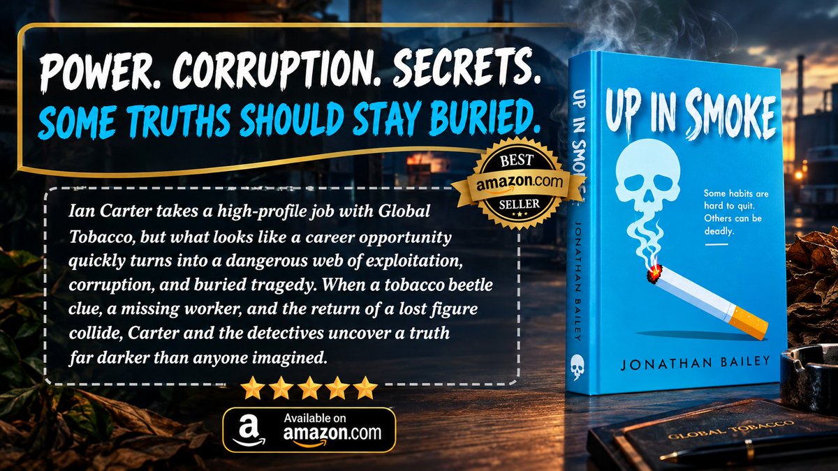 JonathanBacgqa's tweet photo. Ian Carter thought Global Tobacco was offering him a fresh start.
Instead, he found a world of secrets, corruption, mysterious deaths, and supernatural revenge.
📖Read now.{https://t.co/RIOtuZRPO2}
#UpInSmoke #JonathanBailey #SupernaturalThriller #HorrorThriller #MysteryThriller https://t.co/ooUHy05FOw