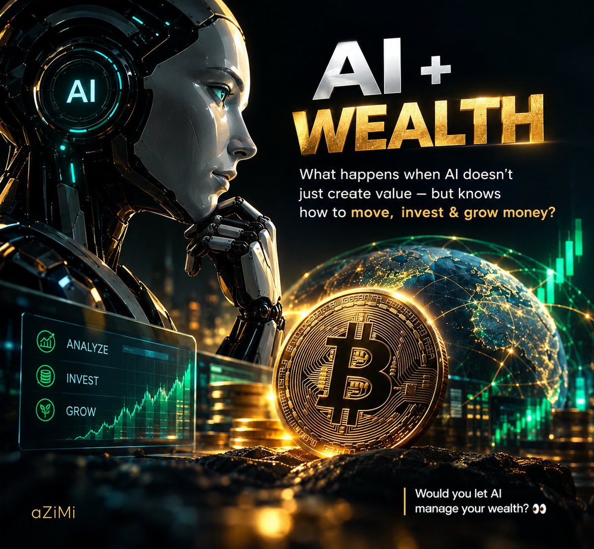 aZi_labs's tweet photo. AI can create value.
But what happens when it can also move, invest &amp; grow money?
Would you trust AI with your wealth? 👀
#AI https://t.co/wLkbV9iCsw