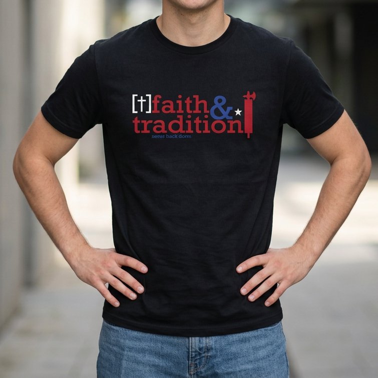 RevoltNoir's tweet photo. Faith &amp; Tradition T-shirt | This traditionalist conservative design features the words “faith” and “tradition,” along with a Christian cross and a fasces symbol, representing the same convictions. https://t.co/qJEFqAUYvs